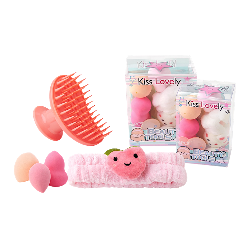 Kit de Vincha Esponja de Maquillajes y Cepillo Capilar KISS LOVELY